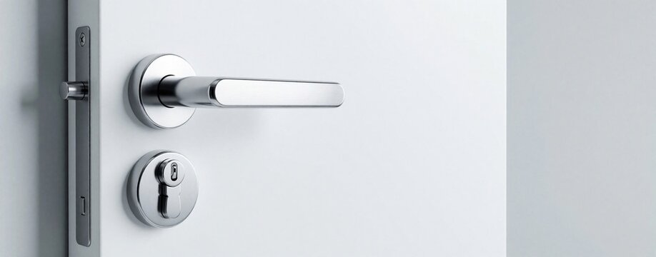 Modern silver door handle, key lock on white interior door. Minimalist metal lever hardware provides secure access to room. Close up view of contemporary home entrance hardware with sleek satin