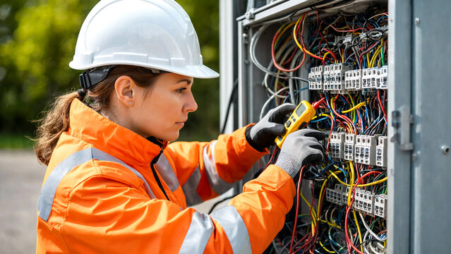 Electrician inspecting electrical panel in industrial setting with copy space
