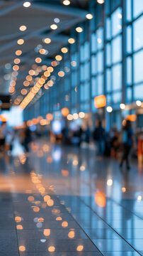 Softly defocused airport departure hall with broad glass windows and rows of ceiling lights dissolving into delicate circular bokeh pale floor reflections and distant indistinct
