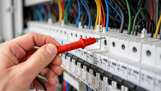 Electrician testing circuit breaker panel in industrial setting with copy space