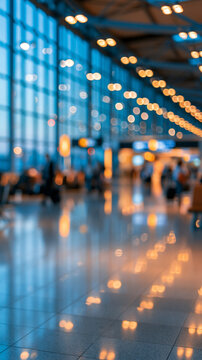 Softly defocused airport departure hall with broad glass windows and rows of ceiling lights dissolving into delicate circular bokeh pale floor reflections and distant indistinct