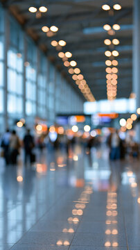 Softly defocused airport departure hall with broad glass windows and rows of ceiling lights dissolving into delicate circular bokeh pale floor reflections and distant indistinct