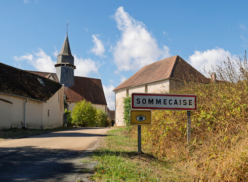 Sommecaise village sign, church with leaning spire, Yonne, France