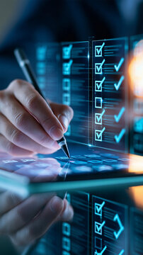 Cropped close view of a professional hand marking a checklist with a stylus on a glowing tablet translucent interface panels aligned above the display with blue checkboxes and