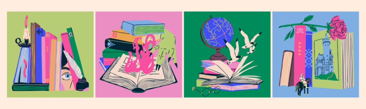 Stack of books, book pile set. Bookstore, library, cozy, leisure reading concept. Detective, adventure, horror, fantasy, mystery, thriller, romance literature. Hand drawn trendy Vector illustration