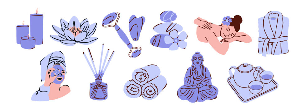 Spa icons set. Candles, lotus flower, gua sha stone, bathrobe, face mask, massage, rolled towels, aroma diffuser, Buddha statue. Hand drawn Vector illustration. Wellness, self care, relaxation concept