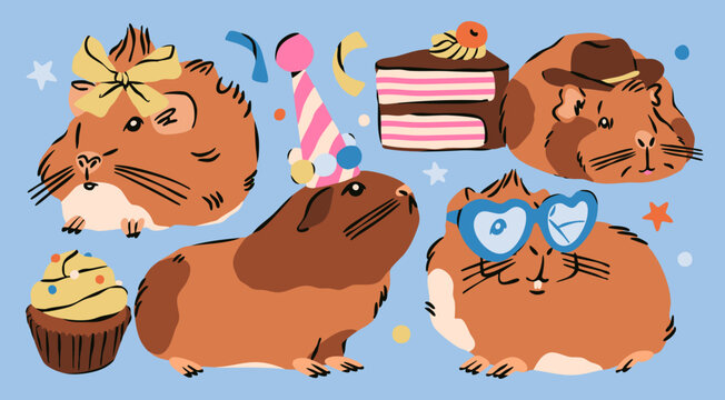 Guinea Pig set. Cute funny characters. Various poses, different accessories, sweets. Small pet rodent clipart. Hand drawn trendy Vector illustration. Isolated design elements. Party, celebrate concept