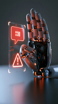 Upright robotic hand forming a stop gesture beside a glass display with a red speech bubble and warning triangle sharply defined articulated palm against a dark neutral