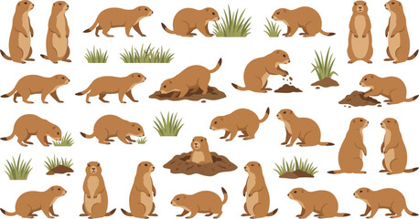 Obraz premium Prairie dogs in various poses and activities with grass and dirt elements in a vector illustration style
