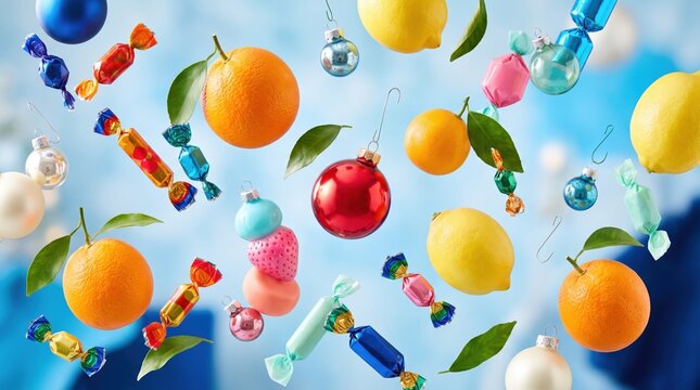 Floating oranges and lemons among candy
