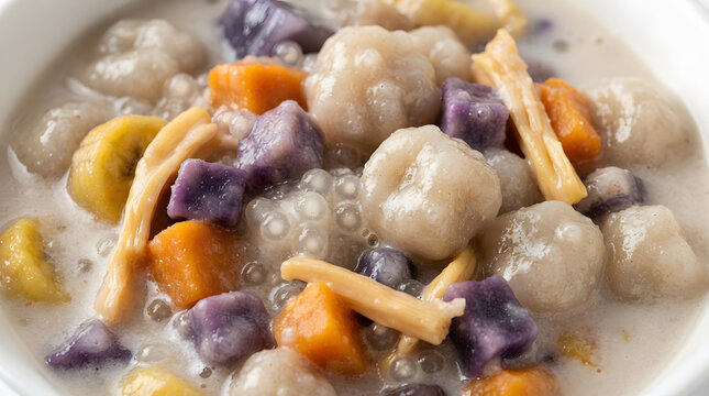 Extreme close up of bilo bilo (glutinous rice balls dessert with coconut milk, sago pearls, and jackfruit slices) from the Philippines. Asian dessert, tropical dish, tropical menu assets