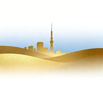 Golden city skyline with iconic tower and rolling hills in soft light blue background