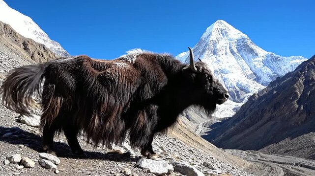 Himalayan yak grazing against snow-capped mountain peak and clear blue sky in altitude alpine wilderness