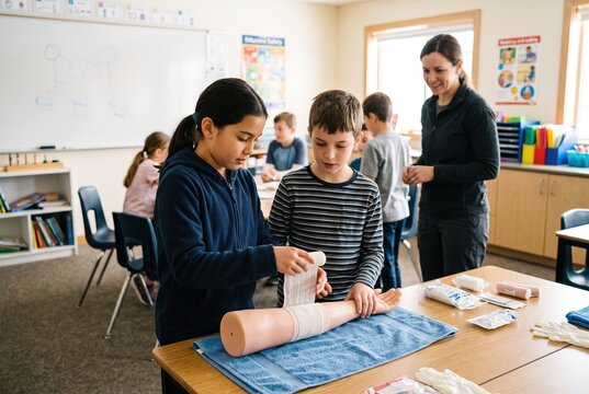Children practice first aid skills by applying bandages on a dummy leg in a classroom. They are engaged and learn the importance of helping others. A teacher observes their work