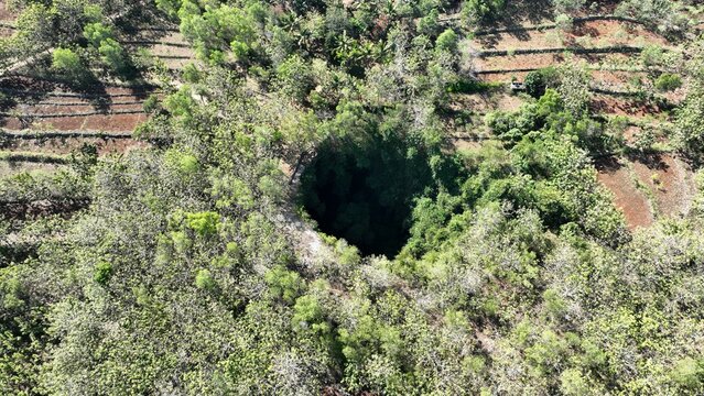 Aerial view of Jomblang Cave surrounded by lush tropical forest and agricultural terraces in Kecamatan Semanu, Daerah Istimewa Yogya, Indonesia.