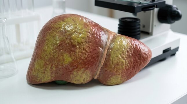 Pathologic organ specimen: hepatitis affliction, liver disorder, viral infection, cirrhosis symptom, steatosis manifestation, inflammation damage, jaundice indication, medical education.