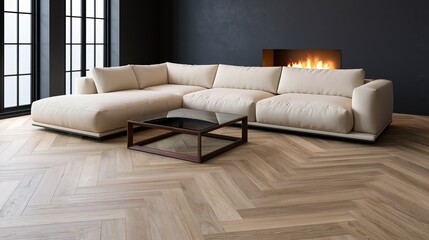 Obraz premium The Cream Sectional Sofa in a Modern Living Room with Fireplace