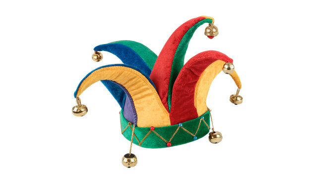 Colorful festive jester hat with bells carnival celebration accessory isolated on transparent background