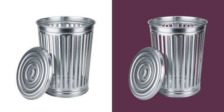 Empty silver metal waste bin with a lid standing upright in a clean view transparent png