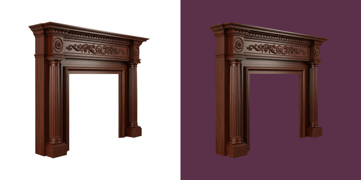 Classic wooden fireplace mantel with ornate carving and brown finish render transparent png