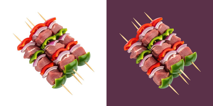 Fresh raw meat skewers with colorful vegetables on wooden sticks for grilling transparent png