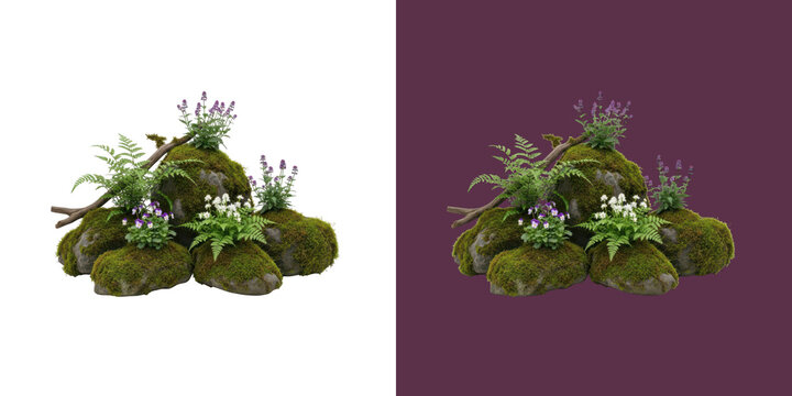 Decorative garden rock cluster with green moss ferns and colorful wild flowers transparent png