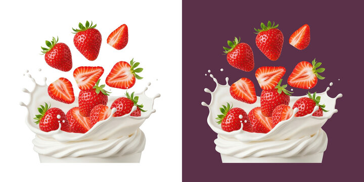 Fresh red strawberries falling into creamy white milk splash transparent png