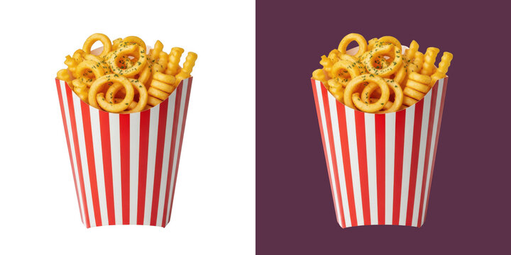 Curly fries in a red and white striped paper container for fast food transparent png
