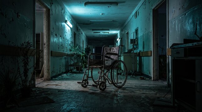Abandoned hospital corridor with old wheelchair under eerie lighting