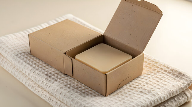 Aromatherapy Bar Unboxing: A delicately crafted artisanal soap bar rests within its simple, eco-friendly cardboard packaging, waiting to be discovered atop a soft, textured towel.