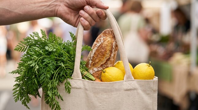 Hand carrying bread and lemons in cloth bag
