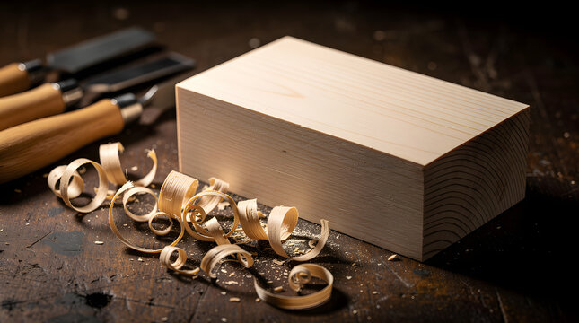 Woodworking Tools and Material: A precisely cut wooden block rests on a rustic workbench, surrounded by wood shavings and sharp chisels.