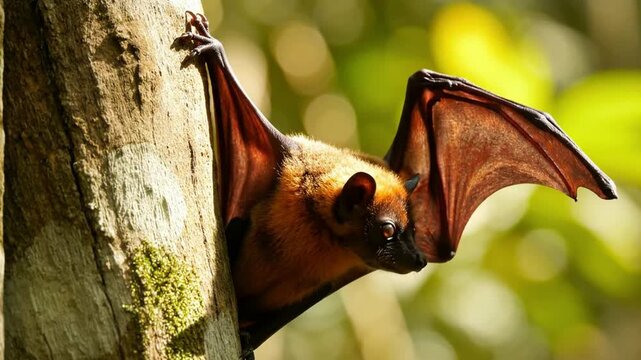 Large flying fox bat hanging on tree trunk in tropical rainforest jungle wildlife nature habitat fruit bat