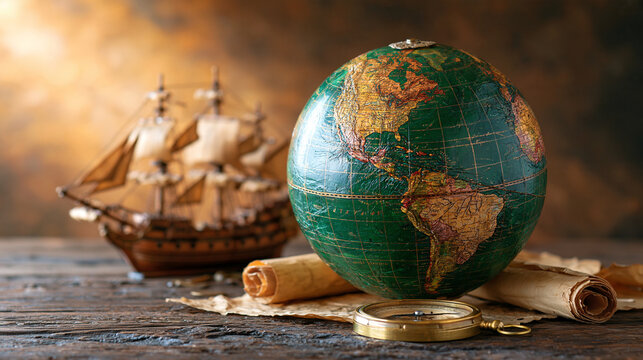 Columbus Day maritime still life with a classic wooden sailing ship model surrounded by rolled maps, nautical rope and brass compass, objects arranged on the lower right, clean bright background wit