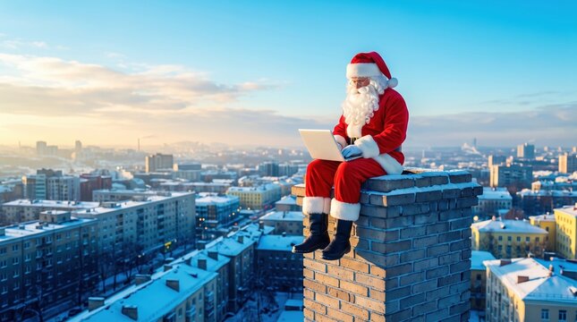 Santa using laptop atop snowy city chimney
