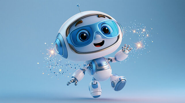 Cute friendly cartoon robot with big blue glasses waving and smiling on a soft blue background, playful 3D artificial intelligence technology character