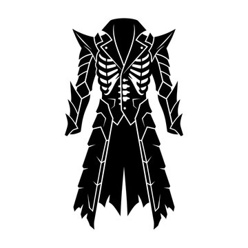 Edgy black silhouette of a skeleton wearing a spiked, tattered trench coat or fantasy armor. Ideal for dark fantasy, gaming, and gothic designs.