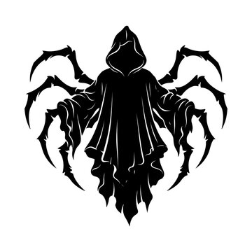 Creepy black silhouette of a hooded grim reaper or wraith figure with scary spider legs emerging from its back. Perfect for nightmare concepts.