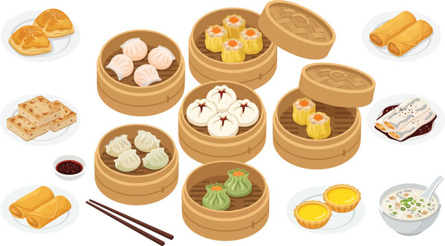 Assorted Dim Sum dishes with chopsticks and dipping sauce presented in bamboo steamers and plates vector