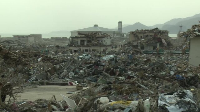 Pan Across Destroyed Town In Aftermath Of Tsunami In Japan