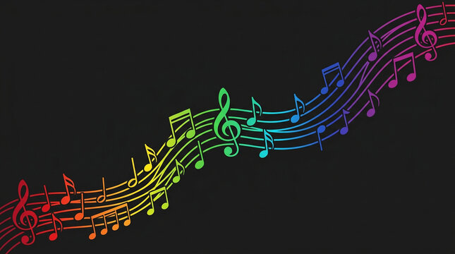 Abstract musical wave vector graphic with colorful notes on dark background
