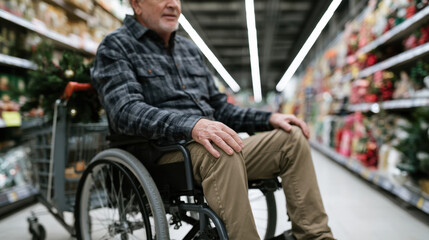 Obraz premium Wheelchair user shopping for christmas gifts in a spacious store aisle surrounded by festive decorations and seasonal merchandise