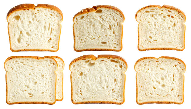 Six golden crust bread slices, light airy crumb texture, arranged grid