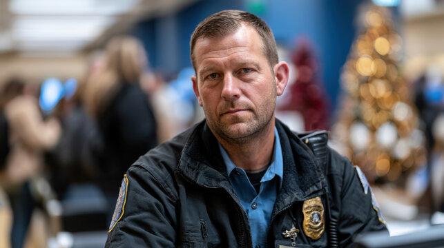Airport security officer at a checkpoint during christmas season with a festive tree, travelers and blurred terminal background