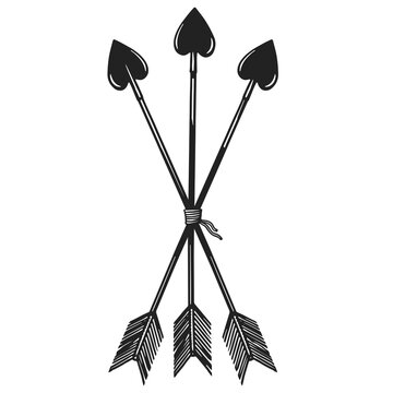 Three arrows tied together with heart-shaped arrowheads and feathered ends. Black and white line art illustration suitable for tattoos, logos, posters, cards and decorative designs.