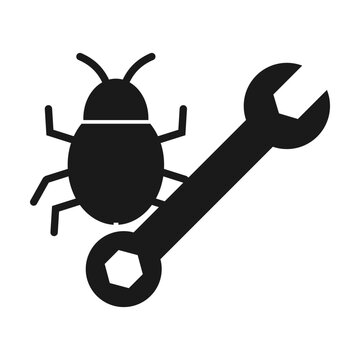 Software bug fixing icon with bug and wrench for programming debugging code repair
