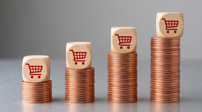 Stacks of copper coins with wooden cubes showing a shopping cart icon, symbolizing increasing commerce and economic growth
