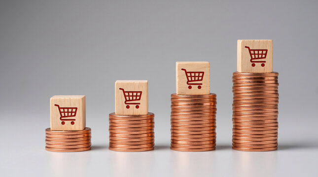Stacks of copper coins with wooden cubes showing shopping cart icons, symbolizing increasing consumer spending and business growth
