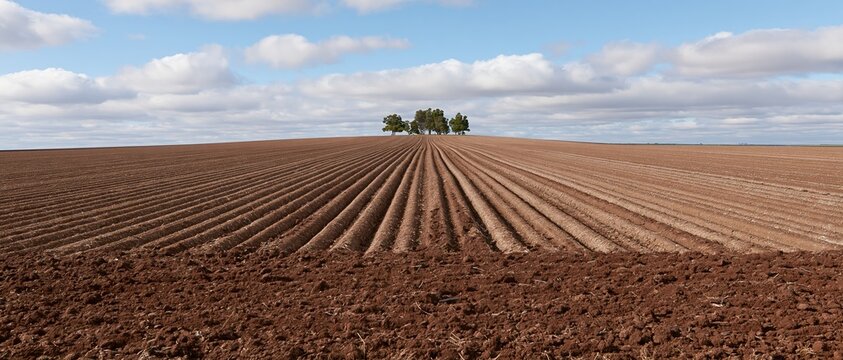 Freshly plowed field with parallel furrow rows stretching toward a line of trees under a partly cloudy sky