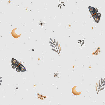 Subtle mystical seamless pattern with moon moths and leaves on light gray background. Great for aesthetic home decor linen wrapping paper and modern apparel.